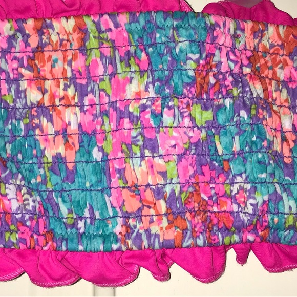 VICTORIA'S SECRET Pink Floral Ruffled Smocked bikini Top bandeau swimsuit M - Picture 11 of 13